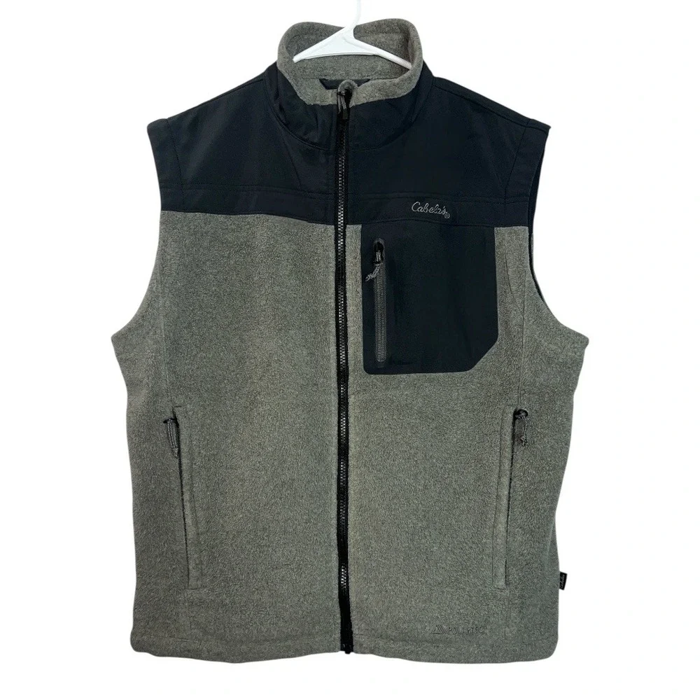 Cabelas Mens Fleece Vest Gray Navy Blue Full Zip Outdoor Pockets Size M Gorpcore